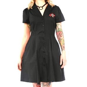 SOURPUSS dress black winged skull patch collared snap closure small NWOT